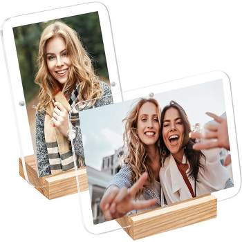 Acrylic Picture Frames, Clear Frame with White Edges & Wood Base, Horizontal & Vertical Picture Frame Set for Tabletop Display | Pack of 2 - Elavain