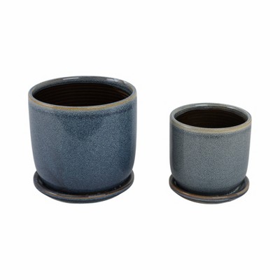 Aqua Blue Ceramic Planter Set with Saucers, 6-inch