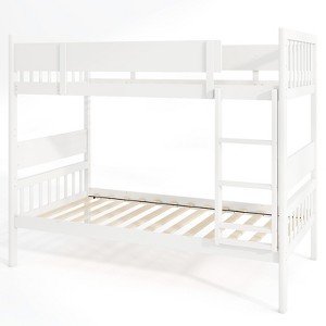 Costway Twin Over Twin Bunk Bed Solid Wood Bed Frame with Ladder Full-length Guardrails White/Natural - 1 of 1