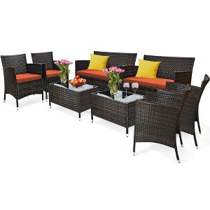 Tangkula 8PCS Patio Rattan Conversation Furniture Set Outdoor w/ Orange Cushion - 1 of 4