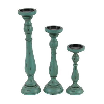 Teal Wood Fluted Pillar Candle Holders Set of 3