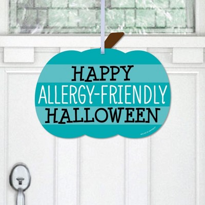 Big Dot of Happiness Teal Pumpkin - Hanging Porch Halloween Allergy Friendly Trick or Trinket Outdoor Decorations - Front Door Decor - 1 Piece Sign