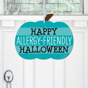 Big Dot of Happiness Teal Pumpkin - Hanging Porch Halloween Allergy Friendly Trick or Trinket Outdoor Decorations - Front Door Decor - 1 Piece Sign - 1 of 4