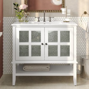 36" Bathroom Floor Cabinet with Ceramic Sink, Textured Glass Doors, Adjustable Interior Shelf and Open Bottom Storage-Maison Boucle - 1 of 4