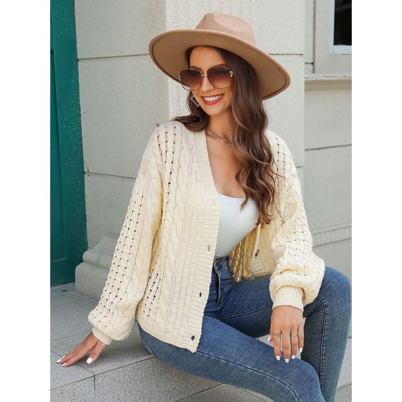 Womens Chunky Knit Cardigan Sweater Open Front Long Sleeve Button Hollow Waffle Knit Sweater Coat Solid Spring/Fall Outfits, 5 of 8