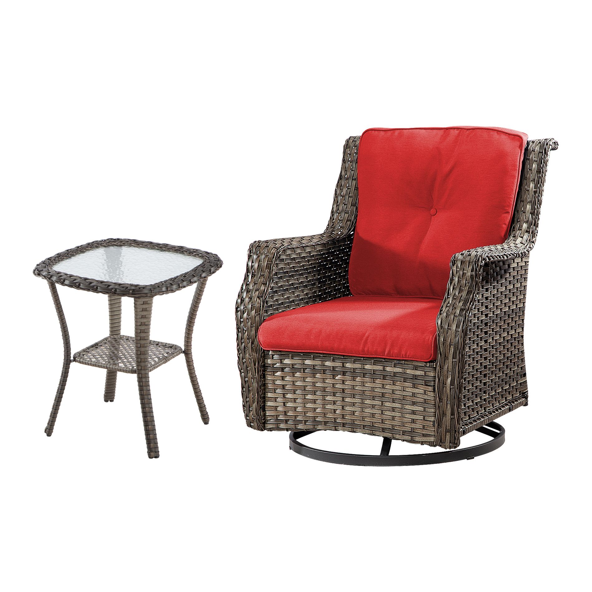 YARDSIGHT 2-Piece Outdoor Wicker Swivel Glider Chair Set with Red Cushions and Glass Table for Patio or Garden