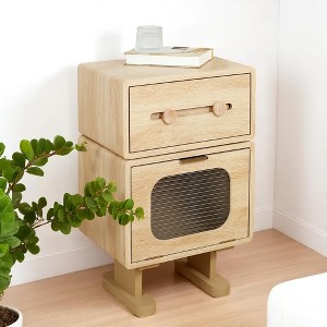 Creative Rotatable Robot Side Table with Glass Door & Drawer, MDF Storage Table with Swivel Top and Raised Base,Natural Finish, 25.75” Tall - 1 of 4