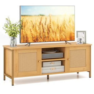 Costway TV Stand for TVs up to 55” PE Rattan Weaving Media Console Table w/ 2 Cabinets & Open Shelf Farmhouse Entertainment Center w/ 2 Cable Holes - 1 of 4