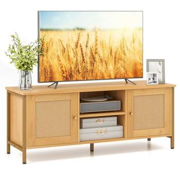 Costway TV Stand for TVs up to 55” PE Rattan Weaving Media Console Table w/ 2 Cabinets & Open Shelf Farmhouse Entertainment Center w/ 2 Cable Holes