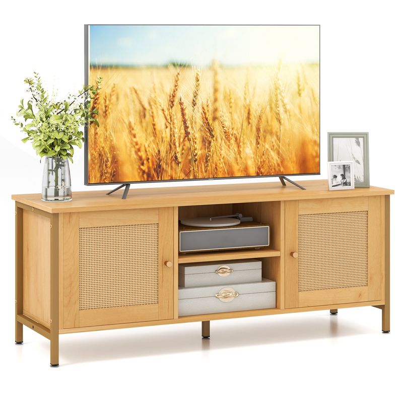 Costway TV Stand for TVs up to 55” PE Rattan Weaving Media Console Table w/ 2 Cabinets & Open Shelf Farmhouse Entertainment Center w/ 2 Cable Holes, 1 of 11