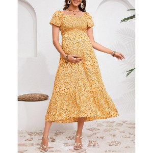 Maternity Dress Summer Ruffle Short Sleeve Square Neck Smocked Midi Dress Baby Shower Photoshoot - 1 of 4