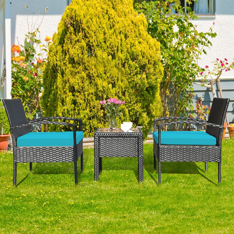 Tangkula 3 Pieces Patio Set Outdoor Wicker Rattan Furniture w/ Cushions Turquoise, 2 of 9