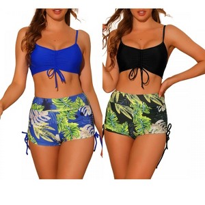 INSPIRE CHIC Women's Drawstring Push-Up Top Tropical Print High Waist Shorts Swimwear Bathing Suits 2 Sets - 1 of 4