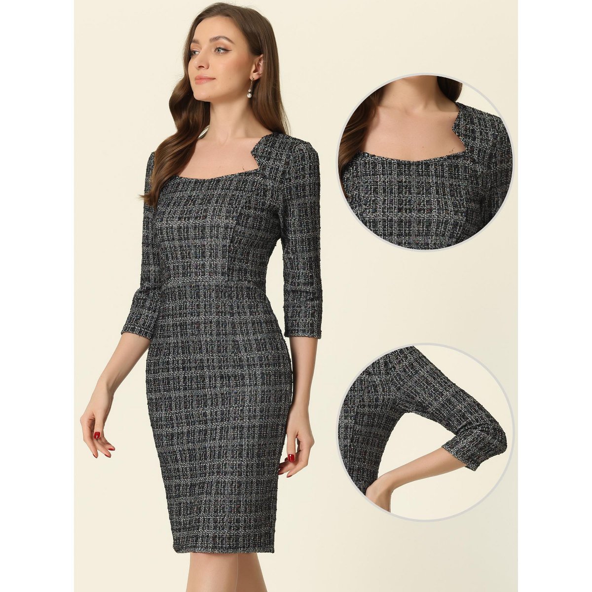 Женские платья INSPIRE CHIC Women's Elegant Work 3/4 Sleeve Plaid Tweed Bodycon Dresses Small Black — фото 3