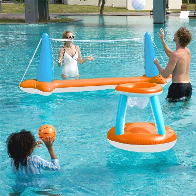 Joyfy Inflatable Volleyball Net & Basketball Hoop Pool Float Set with Balls - Perfect Summer Pool Games for Kids & Adults Beach Parties & Backyard Fun