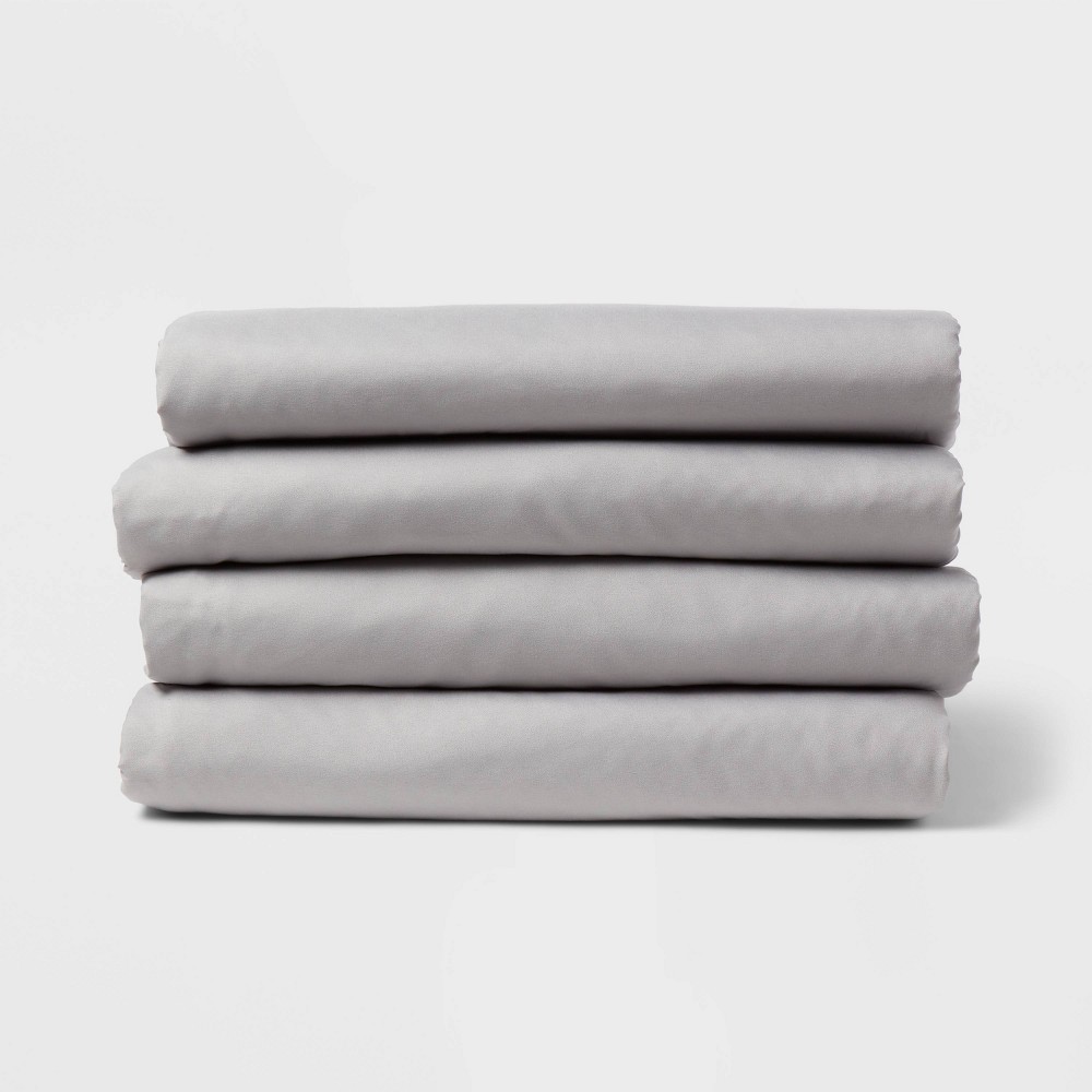 Photos - Bed Linen King 4pk Fitted Sheet Gray - Room Essentials™: Woven Recycled Polyester, M