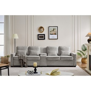 114" Upholstered 4-Seat Sofa with Console, 2 Cup Holders, 3 Wired USB Ports, Linen Fabric Couch with 4 Pillows, Modern Sofa for Living Room, Apartment - 1 of 4