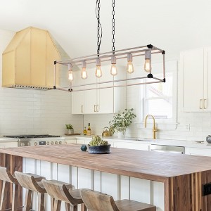 41" Industrial Linear Chandelier with 6 Lights, Matte Metal Frame, Dual Chains, Adjustable Height for Dining Room, Kitchen Island, or Bar - 1 of 4