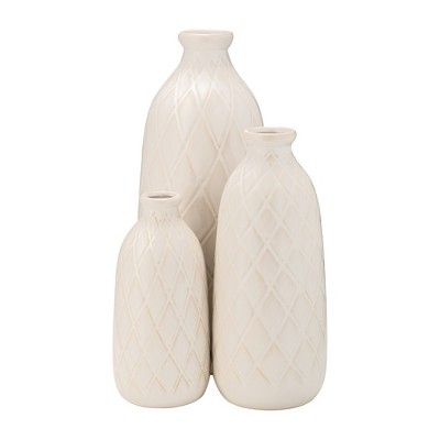 Ivory Beige 12" Ceramic Plaid Textured Vase