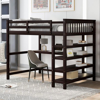 Streamdale Full Size Loft Bed with Storage Shelves and Under-bed Desk, Espresso