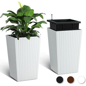 16 Inch Tall Planter Set of 2 Large Rattan Flower Pot with 2 Trays - 1 of 2