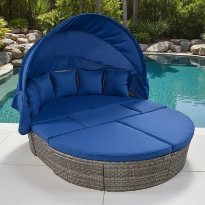 6-Pieces Outdoor Patio PE Rattan Daybed Sunbed with Retractable Canopy and Washable Cushions