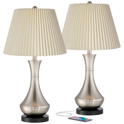 360 Lighting Simon Modern Table Lamps 25 1/2" High Set of 2 Brushed Nickel with USB Charging Port Ivory Linen Shade for Bedroom Living Room House Desk