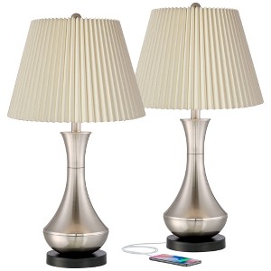 360 Lighting Simon Modern Table Lamps 25 1/2" High Set of 2 Brushed Nickel with USB Charging Port Ivory Linen Shade for Bedroom Living Room House Desk - 1 of 4