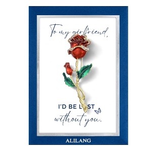 Anna-Kaci Red Rose Flower Enamel Gold Tone Stem Brooch Pin Clear Rhinestones with Family or Friend Gift Message Card & Envelope - 1 of 4