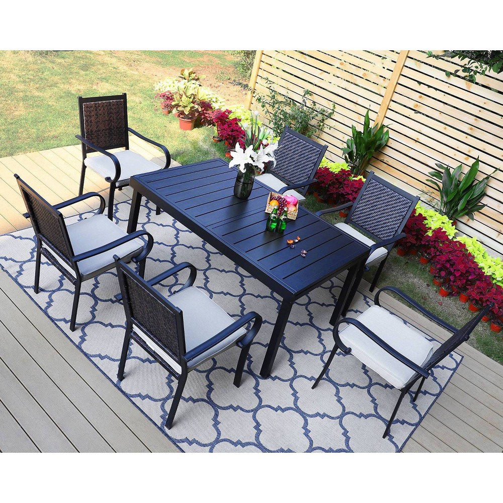 7pc Patio Dining Set with Steel Table & Wicker Rattan Chairs with Cushions - Captiva Designs