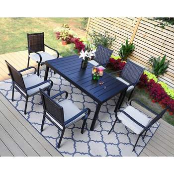Captiva Designs 7pc Steel Outdoor Patio Dining Set with Extendable Table & Wicker Rattan Chairs with Cushions