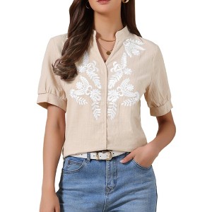 INSPIRE CHIC Women's Summer Cotton Floral V Neck Short Sleeve Embroidered Casual Blouses - 1 of 4