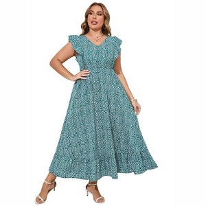 Coolmee Women's Plus Size Summer Boho Dress Ruffle Cap Sleeveless V Neck Long Beach Maxi Dress - 1 of 4
