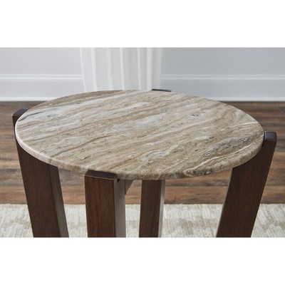Round Brown Mango Wood and Marble End Table
