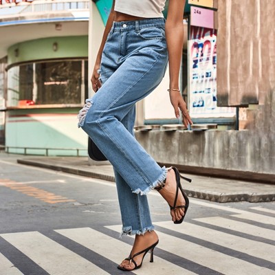 Women's Ankle - Length Distressed Jeans, High - Waisted Denim Pants with Ripped Details