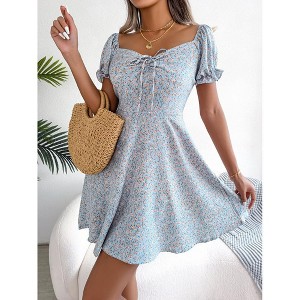 Coolmee Women 2025 Summer Mini Dress Puff Short Sleeve Drawstring V Neck Casual Floral Print Sundress - 1 of 4