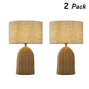 ALOADECOR Natural Rattan Bedside Table Lamp Coastal Nightstand Lamp with Classic Beige Fabric Shade for Bedroom, Living Room(2-Pack) - 1 of 4