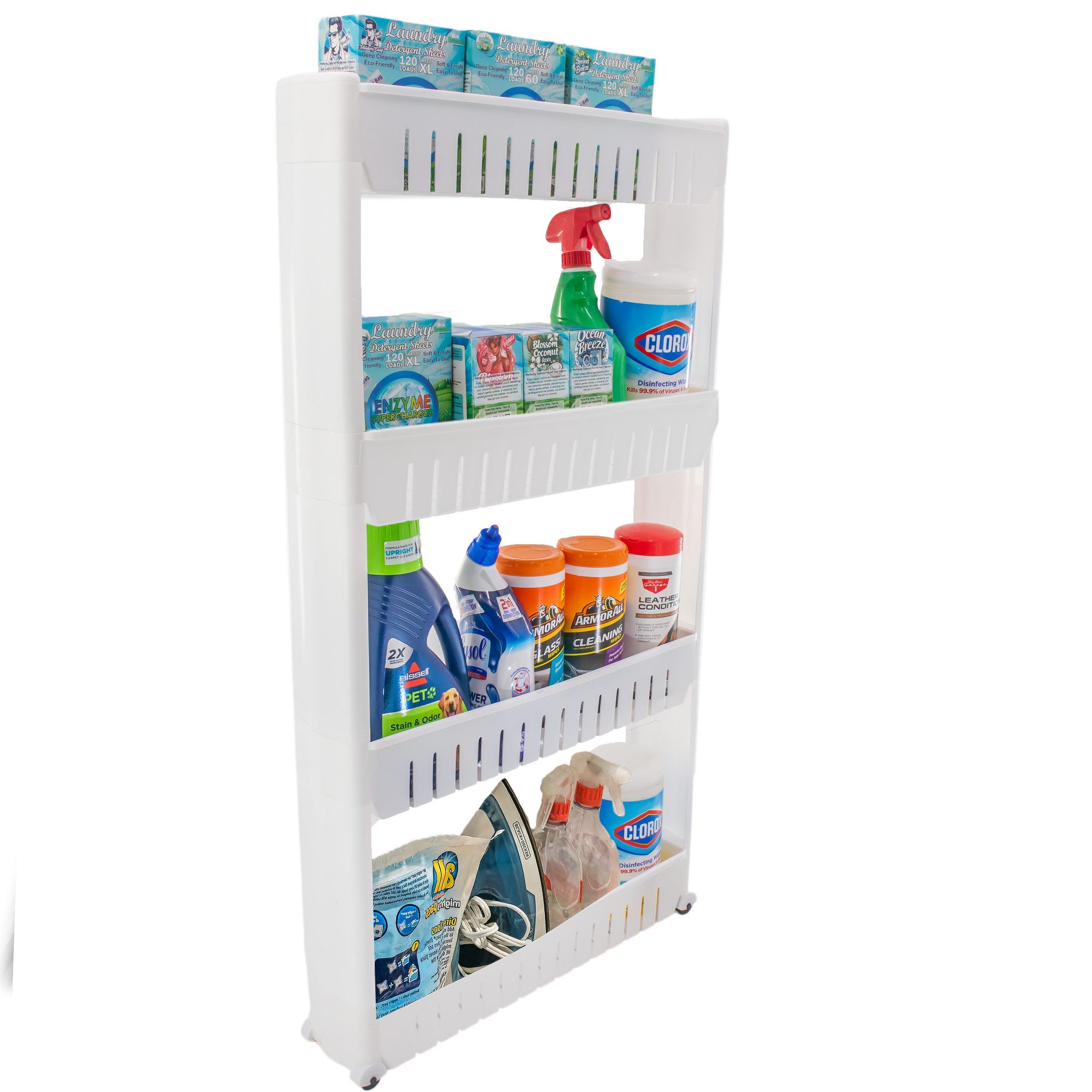 5 Star Super Deals Slim Rolling Storage Cart 4 Tier Narrow Space Saving Mobile Shelving Utility Cart For Bathroom & Laundry Room Organization - White
