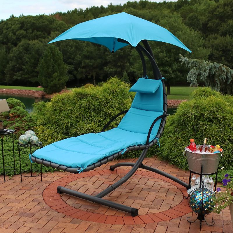 Sunnydaze Outdoor Hanging Chaise Floating Lounge Chair with Canopy Umbrella and Arc Stand, 3 of 14