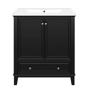 Vynxaria 30" Bathroom Vanities Black Vanity Set with Doors Drawer & Adjustable Shelf - 1 of 4