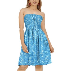 LA LEELA Women's House Daily Routine Evening Wear Boho Backless Smocked Mini Flowy Dress Tube Top Strapless Dresses for Women One Size Trees, Blue - 1 of 4