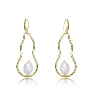 Guili Stylish Sterling Silver Gold Plated Earrings with elongated dangling Freshwater Pearls, providing a unique and elegant design. - 1 of 3