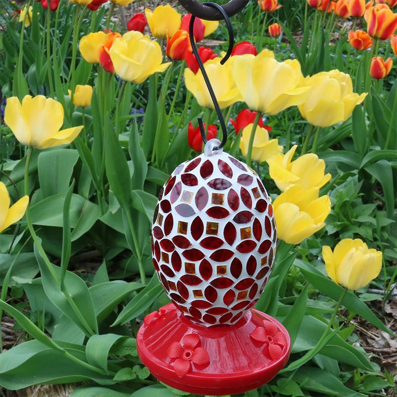 Sunnydaze Outdoor Garden Patio Oval Glass with Mosaic Flower Design Hummingbird Feeder - 18 oz - 7" - Red, 2 of 7