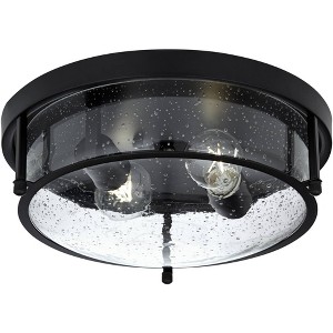 Franklin Iron Works Midnight 13" Modern Industrial Flush-Mount Ceiling Light Fixture Kitchen Foyer Hallway Round Cage 2-Light Black Seeded Glass - 1 of 4