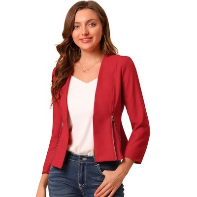 Allegra K Women's Work Office Zipper Decor Collarless Cropped Blazer