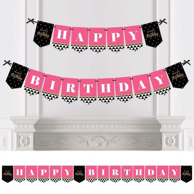 Big Dot of Happiness Chic Happy Birthday - Pink, Black and Gold - Birthday Party Bunting Banner - Pink Party Decorations - Happy Birthday