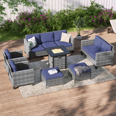 Sonkuki 7 Pieces Patio Sofa with Square Fire Pit Table and Ottomans, Wicker Conversation Couch, Sand Cushion