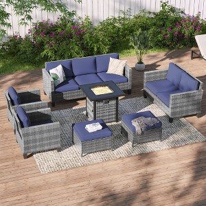 Sonkuki 7 Pieces Patio Sofa with Square Fire Pit Table and Ottomans, Wicker Conversation Couch, Sand Cushion - 1 of 4