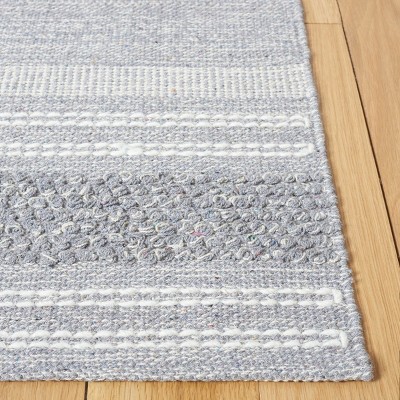 Gray and White Striped Kilim Wool-Cotton Square Rug