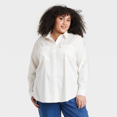 Women's Long Sleeve Relaxed Button-Down Shirt - Ava & Viv™ Cream XXL